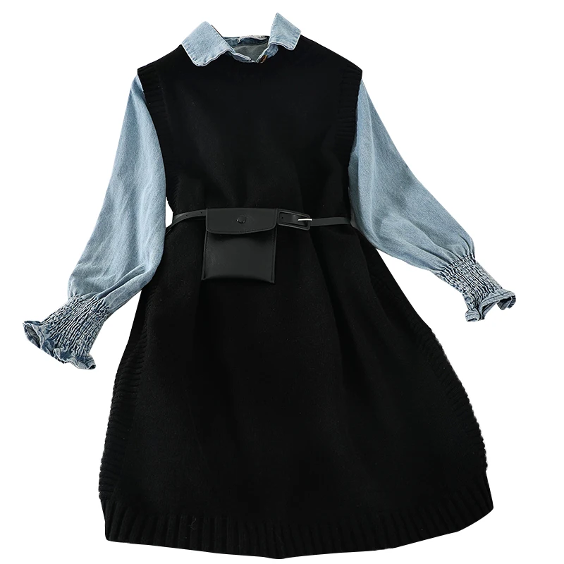 2019 Новая модная женская одежда зимняя джинсовая рубашка + трикотажное платье из