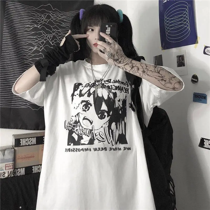 

Gothic Cartoon Horror Graphic T-shirt Women Character Print Loose Punk Japanese T Shirts Pullover Top Harajuku Street Tees Shirt