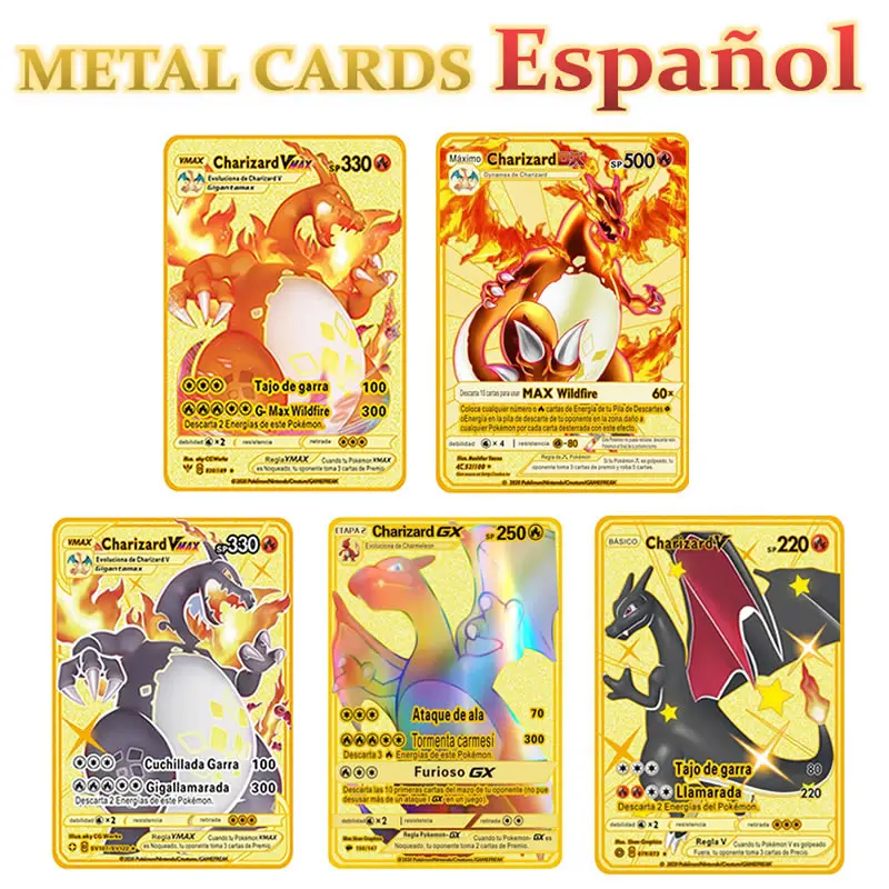 Juego de 5 unids/set de tarjetas Pokemon de Metal dorado en espa&ntilde;ol V Vmax GX Charizard, nueva combinaci&oacute;n de Pikachu, colecci&oacute;n de tarjetas, regalo para ni&ntilde;os-0