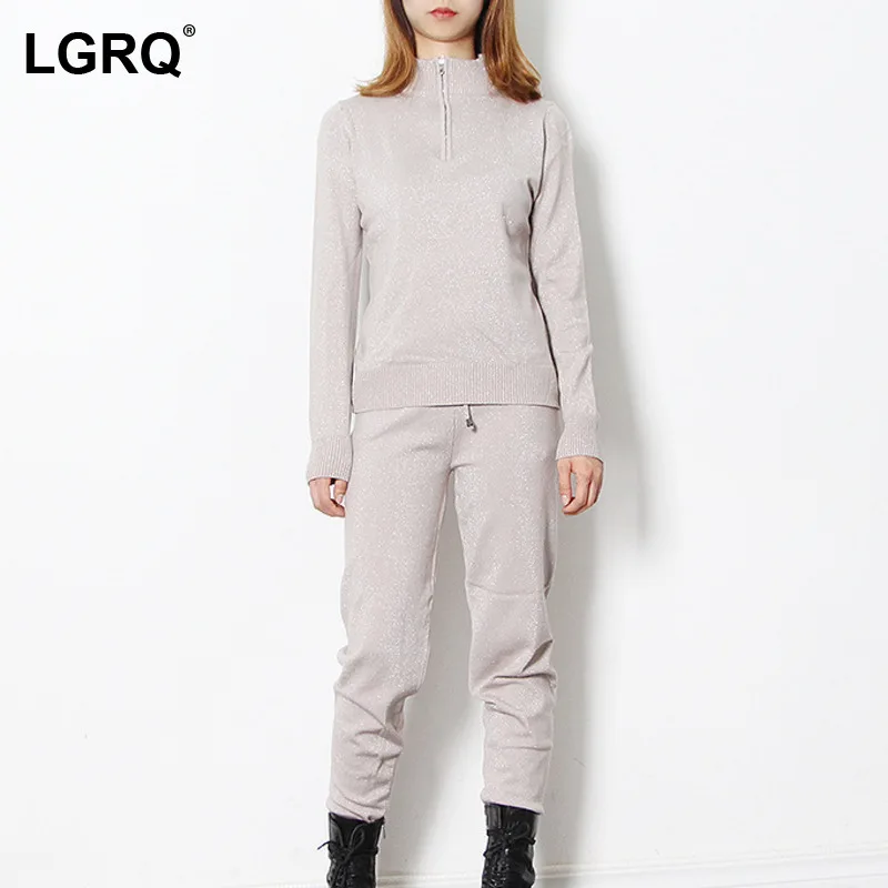 

[LGRQ] Women's Knitting Sweater High Waist Elasticity Long Pants New Two Piece Set Stand Neck Fashion Autumn Winter 2021 19D4506