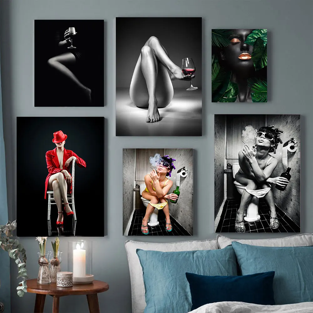

Modern Style Nude Woman Wine Glass Decorative Black White Sexy Girl Prints Canvas Poster for Room One Piece Home Wall Decoration