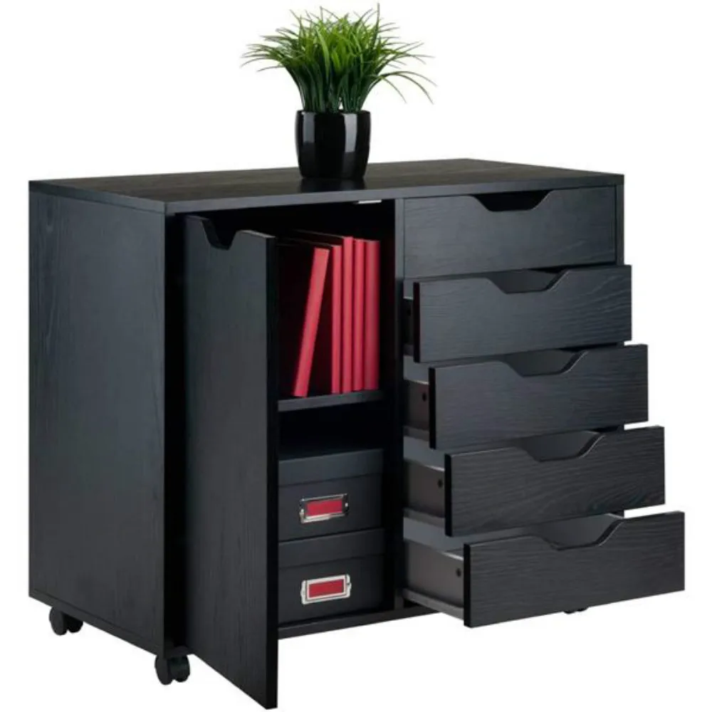 

Wood Filing Cabinet multi-function Storage Shelves 5 Drawers+2-compartment Cabinet Black File Cabinet Storage with 4 360°Wheels