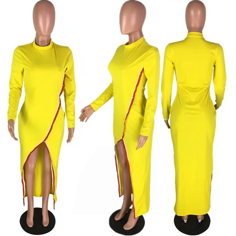 

Elegant Beading High Slit Dress Women Casual O Neck Long Sleeve Irregular Women's Dress Sexy Bodycon Autumn Long Dress Vestidos