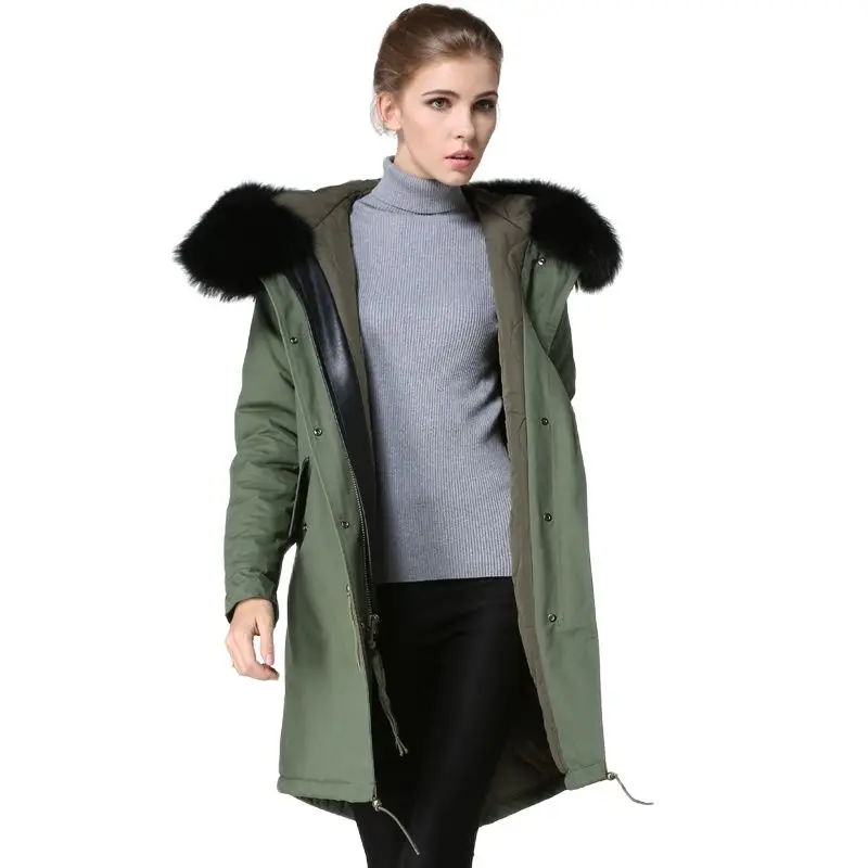 Новейшая длинная стильная зимняя меховая куртка армейского зеленого цвета