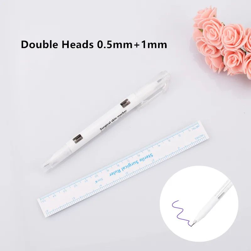 2 heads 0.5mm 1mm 1 шт. хирургический маркер для кожи, маркер для бровей, ручка для татуировки, маркер для кожи с измерительной линейкой, инструмент для позиционирования микроблейдинга - Цвет: 2 heads 0.5mm 1mm