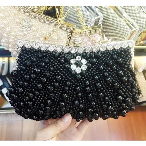 Роскошная модная Ретро черная Бриллиантовая цепочка, клатч с бисером, вечерняя сумка, жемчужные клатчи, дамские сумочки, вечерние сумочки