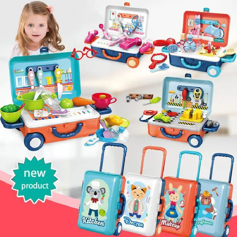 

2021 New Kids Play House Educational Toys Mini Simulation Kitchen Girl Beauty Medicine Tool Set Pretend Play Role Trolley Case