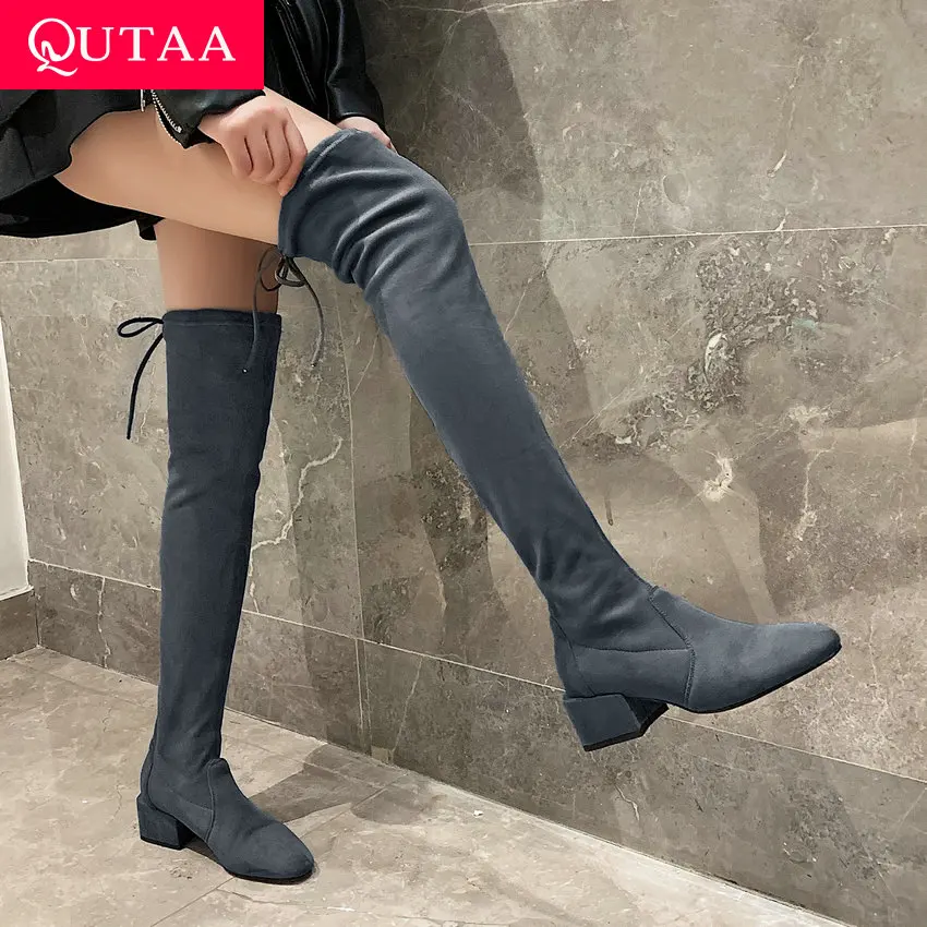 Женские теплые ботфорты из флока QUTAA черные на меху шнуровке с круглым носком