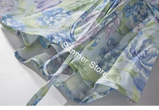 

Wrapped Women's Blouse Floral Printed Lace-up Short Puff Sleeve Ruffles V-neck Prairie Chic Shirts