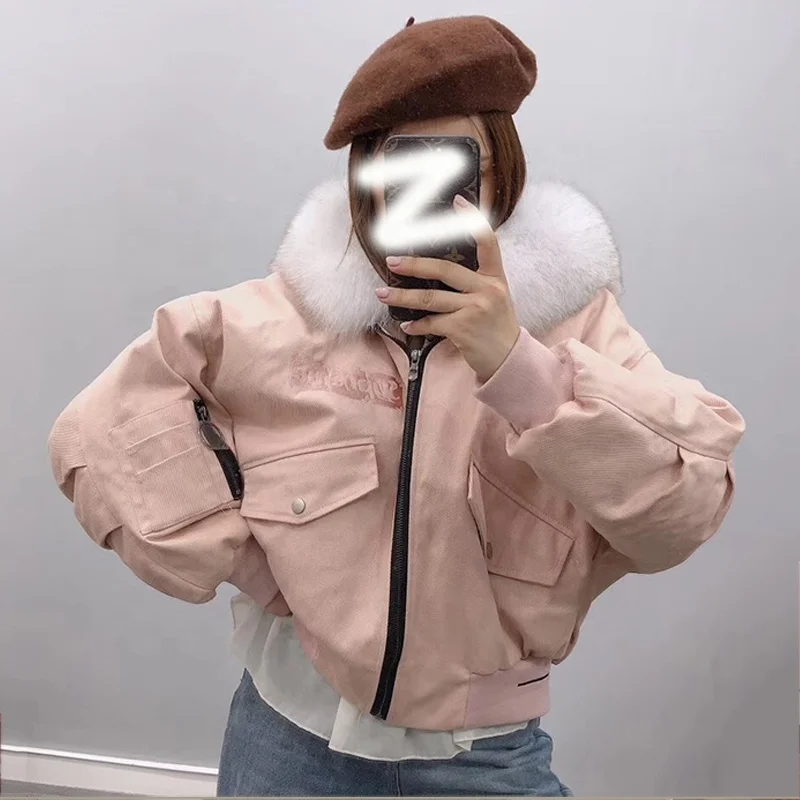 Winter female winter big fur collar Korean short puffer oversize down jacket fox hooded parka bomber women | Женская одежда
