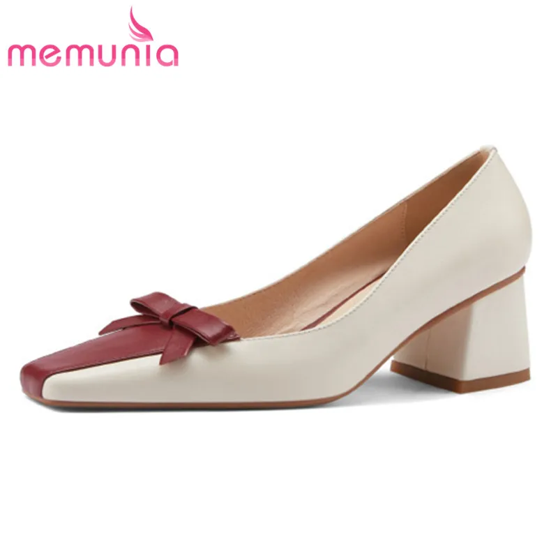 

MEMUNIA 2021 New Arrive Pumps Women Single Shoes Bowknot Mixed Colors Square Toe Summer High Heels Genuine Leather Shoes Woman