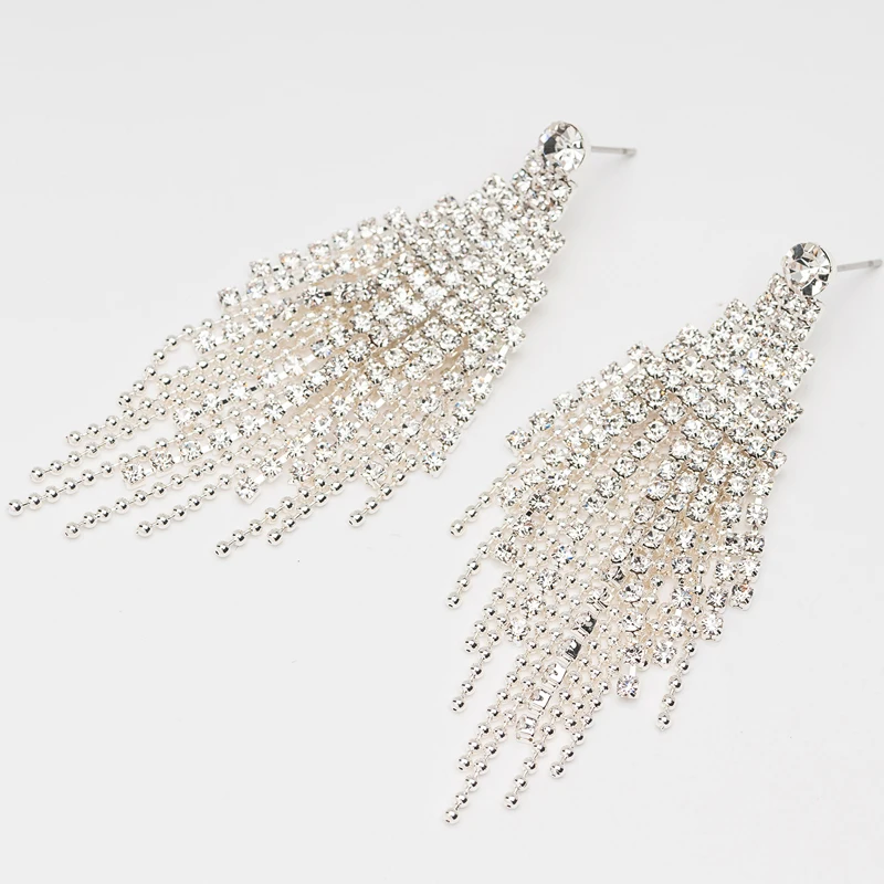 New Long Tassle Earrings For Women Statement Full Rhinestone Dangling Drop Bride Jewelry | Украшения и аксессуары