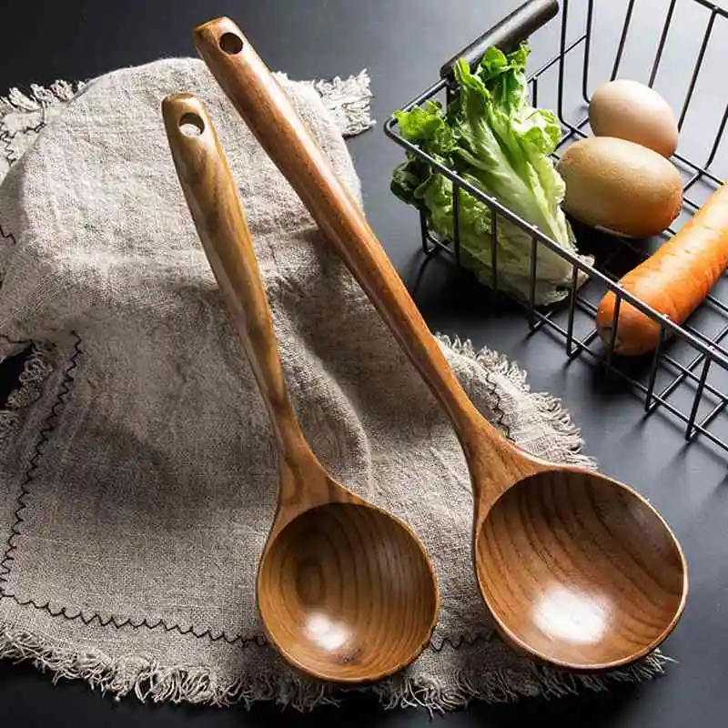 

Natural Wooden Soup Scoops Long Handle Cooking Scoop Wood Ramen Rice Spoon Soup Ladle Catering Tableware Kitchen Supplies