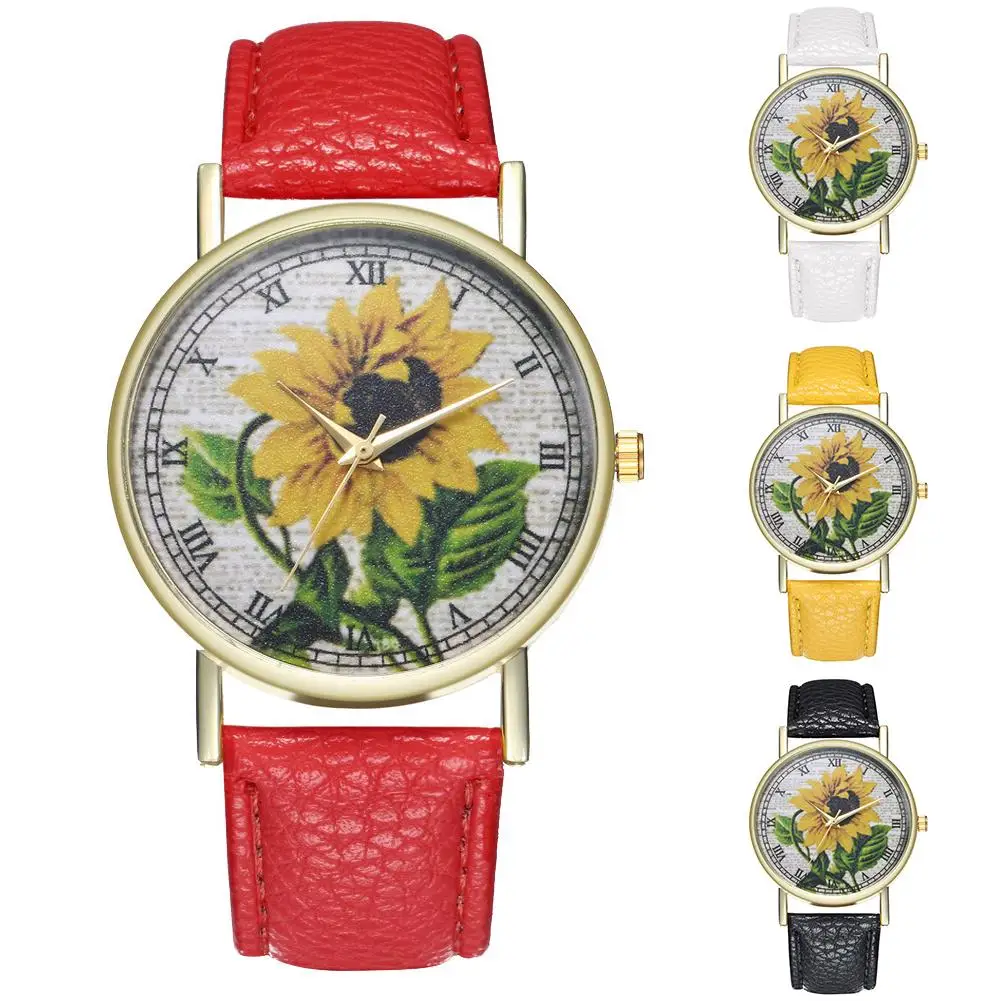

Women Sunflower Round Dial Faux Leather Strap Roman Numeral Analog Quartz Watch