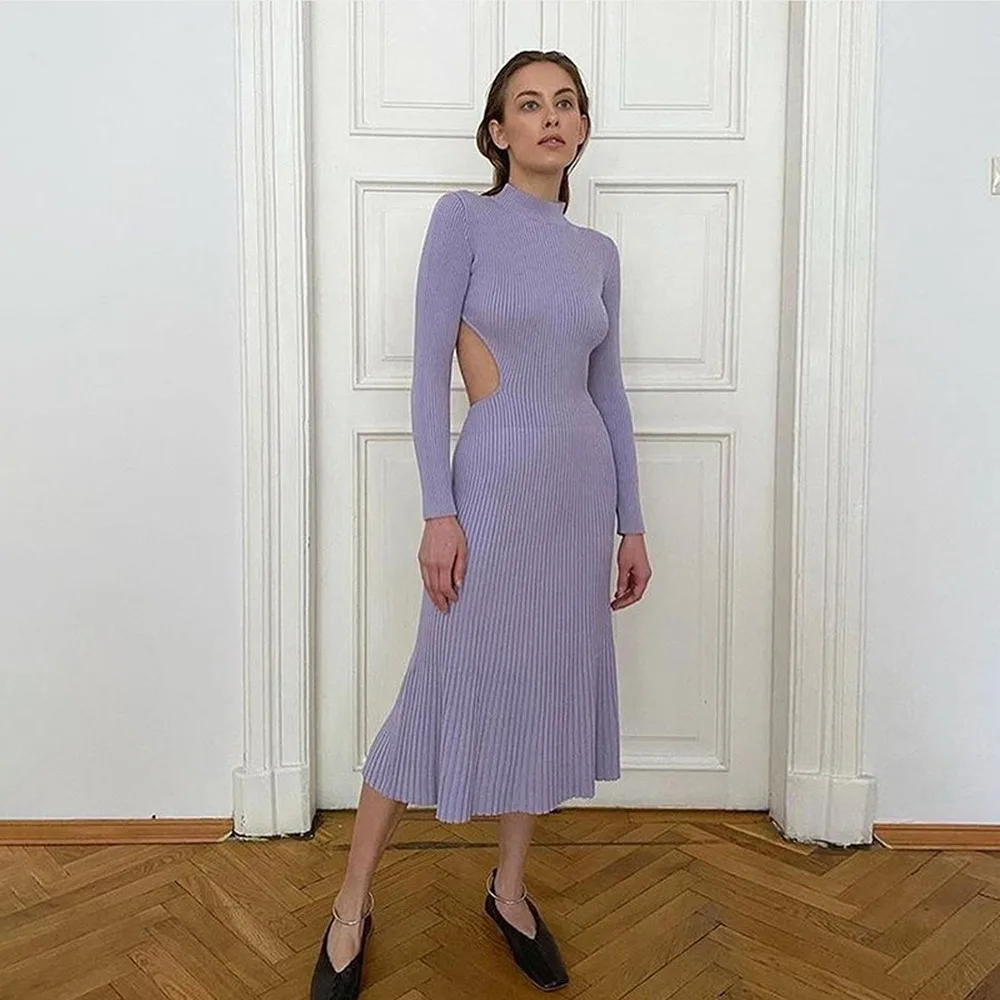 

Long Sleeve Halter Dress Round Neck High Waist Women's Dress Slim Fashion Dresses Purple Black Streetwear Fall Clothes for Women