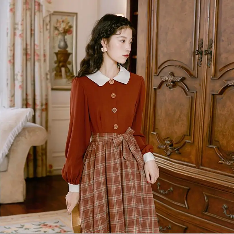 

French Women 50S 60S Vintage stitching plaid dress Autumn Winter Club Party Night Academy style literary temperament Vestidos