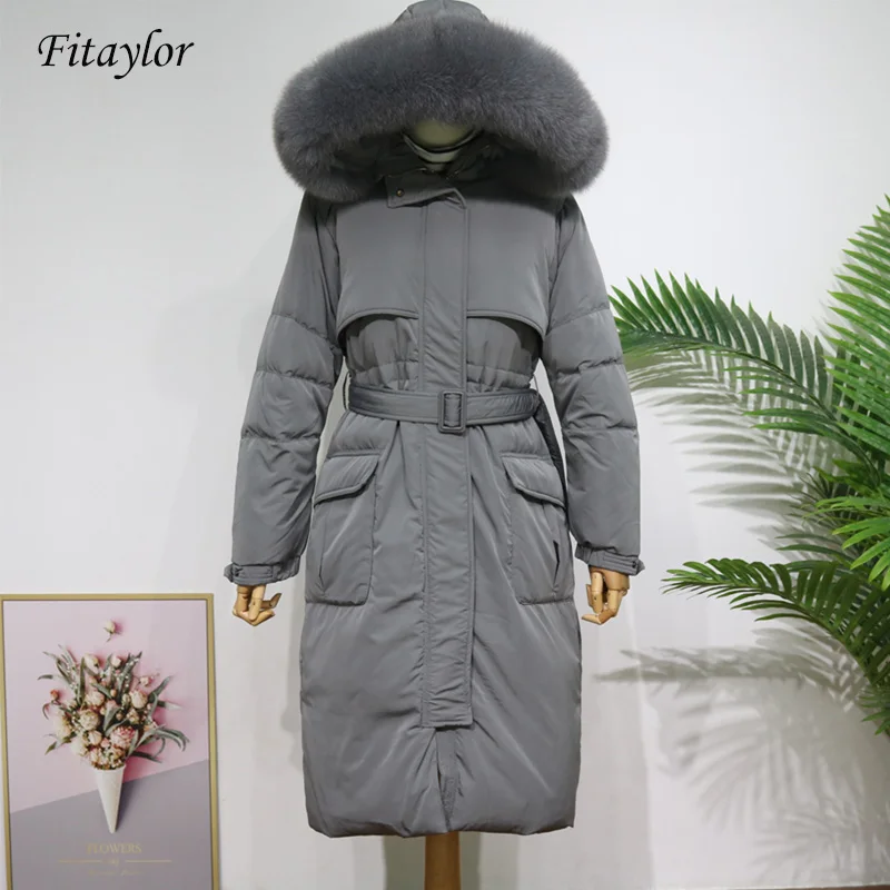 Женская длинная куртка Fitaylor толстый теплый пуховик на белом утином пуху