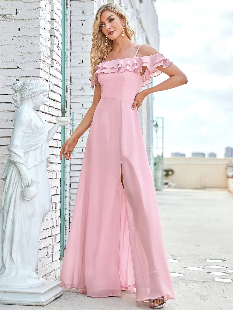 

New Light Bridesmaid Dresses Off Shoulder Bridesmaid Dress Elegant Party Dress Slit Pink Long Maxi Dress Sexy vestidos