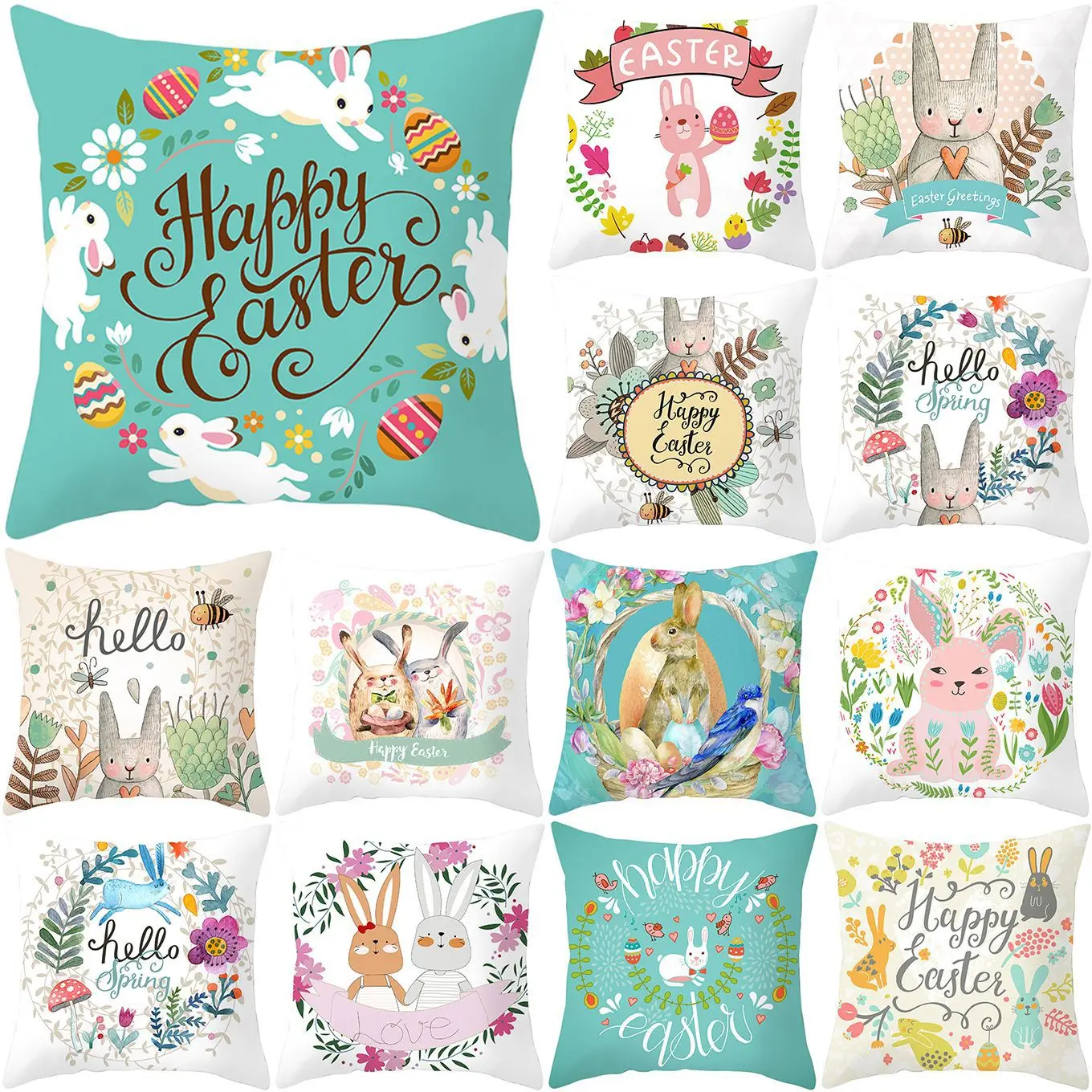 

2021 New Blue White Easter Cartoon Rabbit Colored Egg Printing Pillow Case Good Quality Elegant Sofa Living Room Cushion Cover