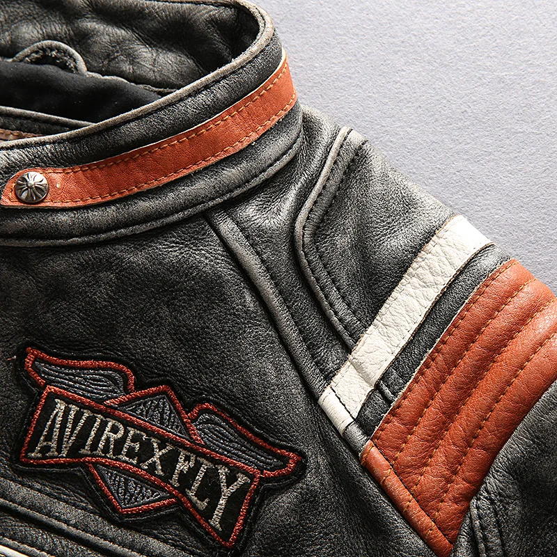

2021 New Arrival men's Vintage genuine cowskin motorcycle leather with Skulls cowhide biker jacket for men black XXXL