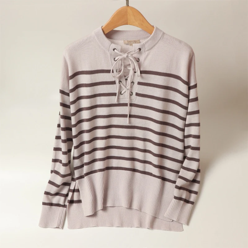 

Masigoch lace up merino sil striped sweaters crew neck