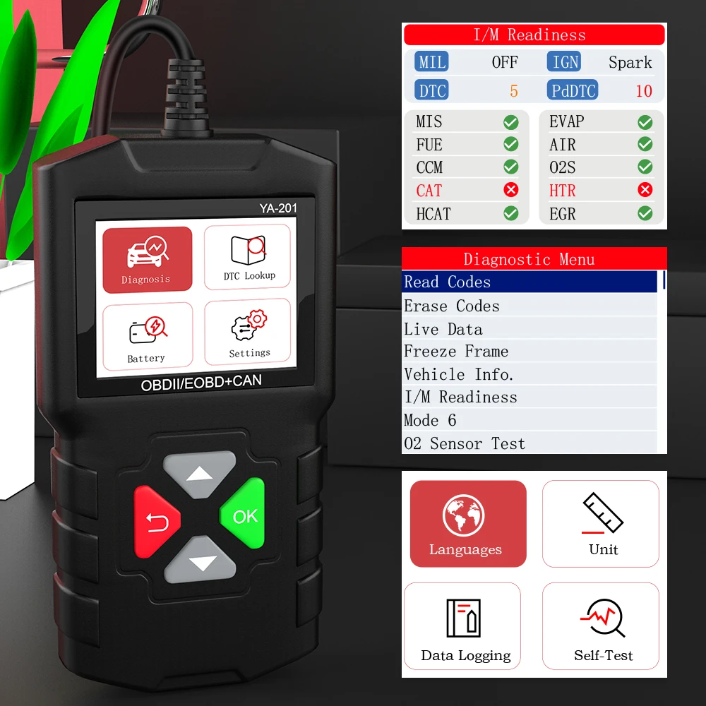 YA201 OBD2 сканер данных в режиме реального времени считыватель кода неисправностей
