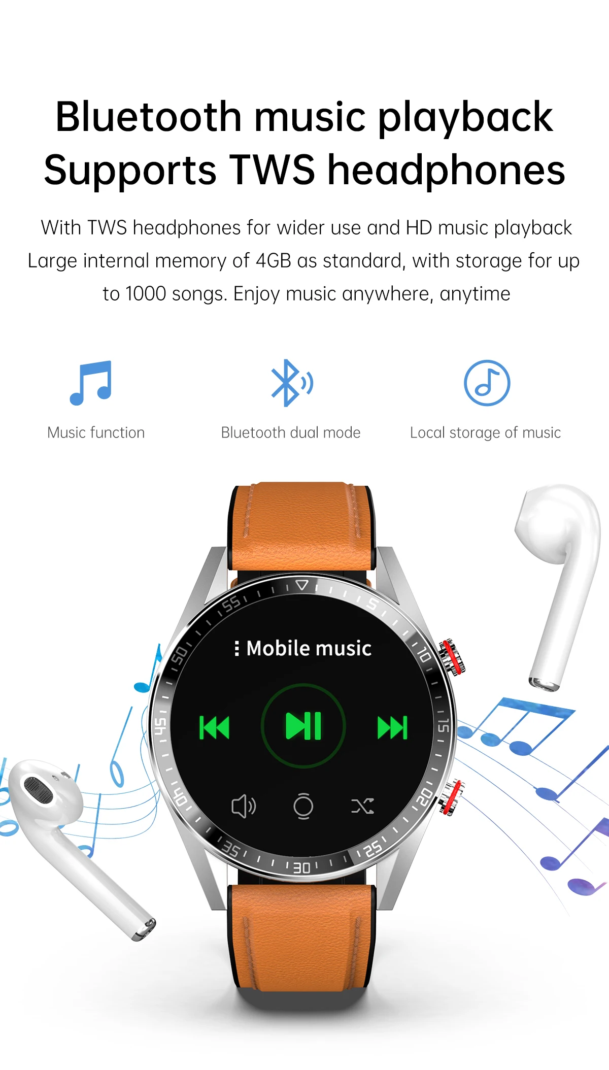 454454 amoled screen smart watch always display the time bluetooth call local music smartwatch for men android tws earphones free global shipping