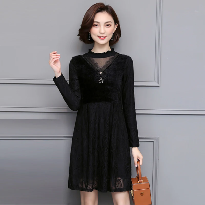 2020 New Hot Sale Round Neck Autumn Winter Dresses Female Clothing Pure Color O-Neck Padded Spliced A-Line Lace Dress OK1375 | Женская