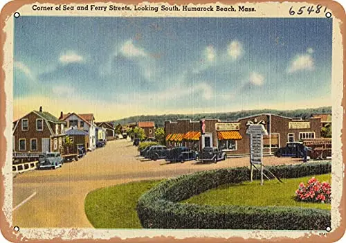 

Металлический знак-почтовая открытка из Массачусетса-угол морских улиц и террамов, вид на полу, пляж хумарок, массажная-винтажная ржавая Ло...