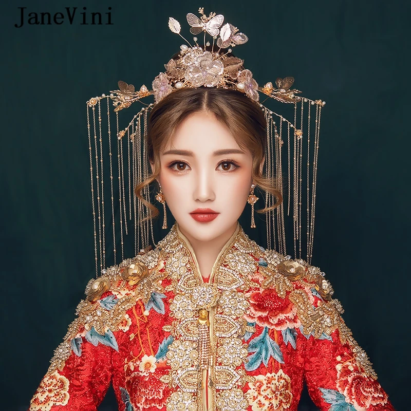 

JaneVini Luxury Chinese Bridal Wedding Crown with Earrings Gold Hairpins Sequins Tassel Headdress Bride Jewelry Hair Accessories
