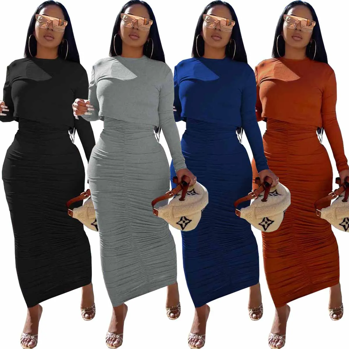 

Women Solid Color Two Piece Set Skirt Sexy O Neck Long Sleeve Top And Pleated Midi Dress Party Streetwear Tracksuit Outfits