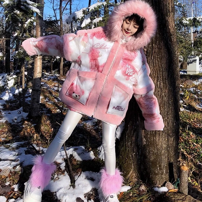 

2020 Winter Hooded Padded Jacket Coat Hip Hop Candy Bear Thick Parka Jacket Streetwear Harajuku Punk Rock Jacket Outwear Pink