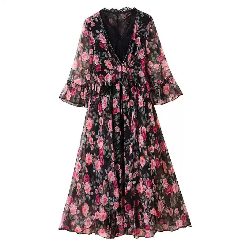 

Big Brand Silk Dress Women's Summer 2021 New High-end Black Floral Mulberry Silk Dress