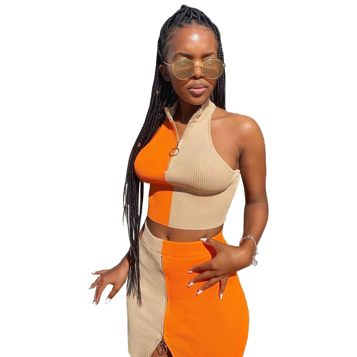 

Casaul Women Skirt Suit Female Color Patchwork Knit Ribbed Crop Tank Top + Mini Dress Skirt Suits