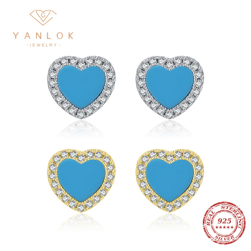 

YANLOK Genuine 925 Sterling Silver Elegant Natural Turquoise Heart Stud Earrings For Women Female Wedding Engagement Jewelry