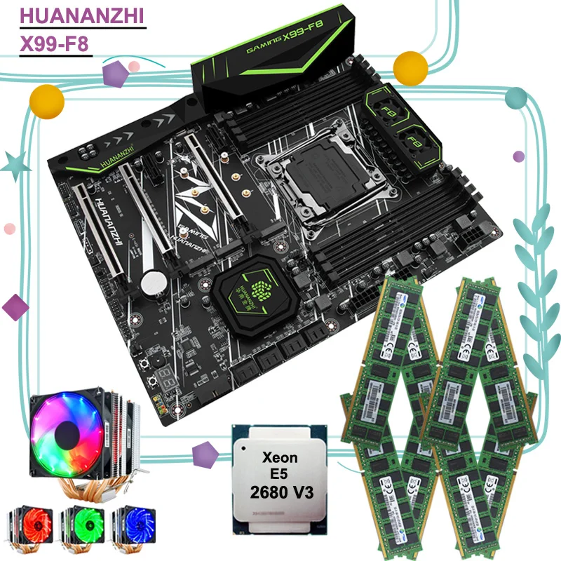 

HUANANZHI X99-F8 motherboard with dual M.2 NVMe SSD slot M.2 WIFI CPU Intel Xeon 2680 V3 with cooler RAM 128G(8*16G) DDR4 RECC