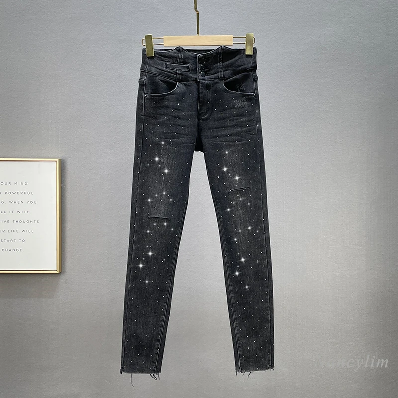 

Блестящие Стразы джинсы женские на флисовой подкладке Новинка Зима 2021 эластичные черные обтягивающие брюки-карандаш с высокой талией
