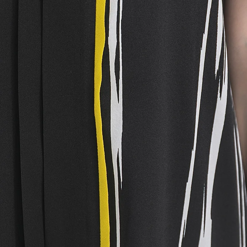 

VOA Satin Stretch Silk Contrast Stitching Short Sleeve Education Grams Pleated Elastic Waist Simple Smooth Summer Dress A22