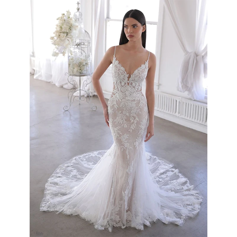 

HERBURNL Elegant Mermaid Sleeveless Sling Trailing V-neck Halter Wedding Dress Tulle Applique Bridal Gown Vestido de Noiva