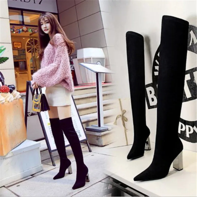 

Весенние женские эластичные замшевые туфли с острым носком женские черные сапоги выше колена на толстом каблуке высотой 10 см Новинка