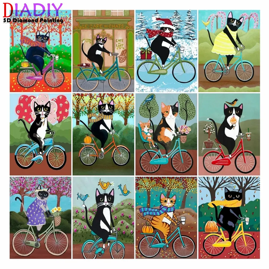 

5D Diamond Painting Cat Bicycle Cross Stitch Needlework Rhinestones Diamond Embroidery Cartoon Animal Mosaic Home Decor
