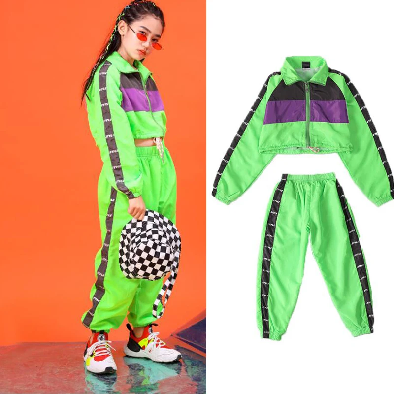 

2021 New Hip hop style children's casual wear, Green Jackets, tops, loose running pants, jazz dance wear, casual wear
