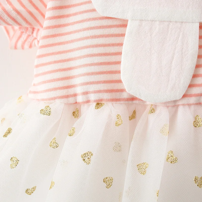 

Girls Dress Summer Children's Clothing New Cute Cartoon Bunny Striped Short-Sleeved Ball Gown Mesh Mini Kids Baby Outfits