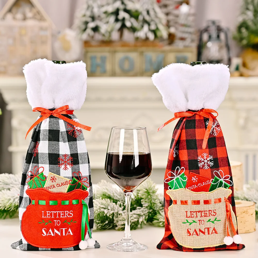 

New Year 2022 New Year Decorations Wine Bottle Bag Red and Black Plaid Embroidered Wine Bottle Gift Box Lid Table Decoration DIY