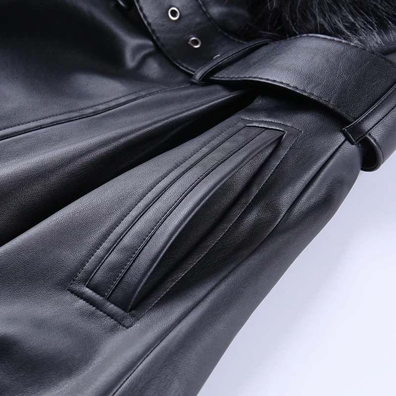 WannaThis Faux Leather Fur Coat Women With Belt Warm Thick Outwear PU Leather Streetwear Female Elegant Outwear Long Coat Green