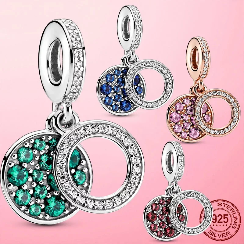 

New 925 Sterling Silver Double Dangle Zircon Charm Pendant Fit Original Pando Bracelet 2021 women DIY jewelry Valentine Day gift