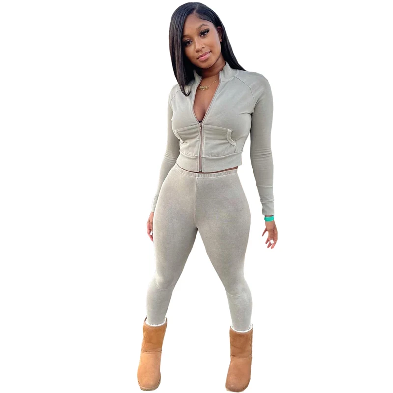 

Осенний Однотонный женский спортивный костюм из двух предметов, топ на молнии с длинным рукавом и брюки-карандаш, спортивный костюм, повсед...