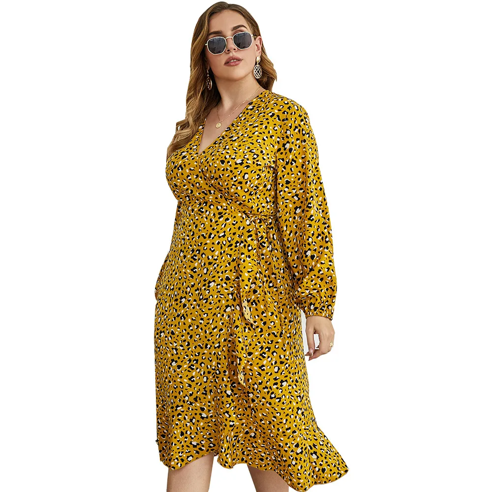 

Spring and Autumn New Fashion Plus Size Temperament Commuter Long Sleeve Leopard Print Thin Dress Women