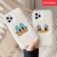 cartoon duck embroidery plush phone case for iphone 13 12 11 pro max x xr xs max 8 plus winter warm white lambwool soft cover