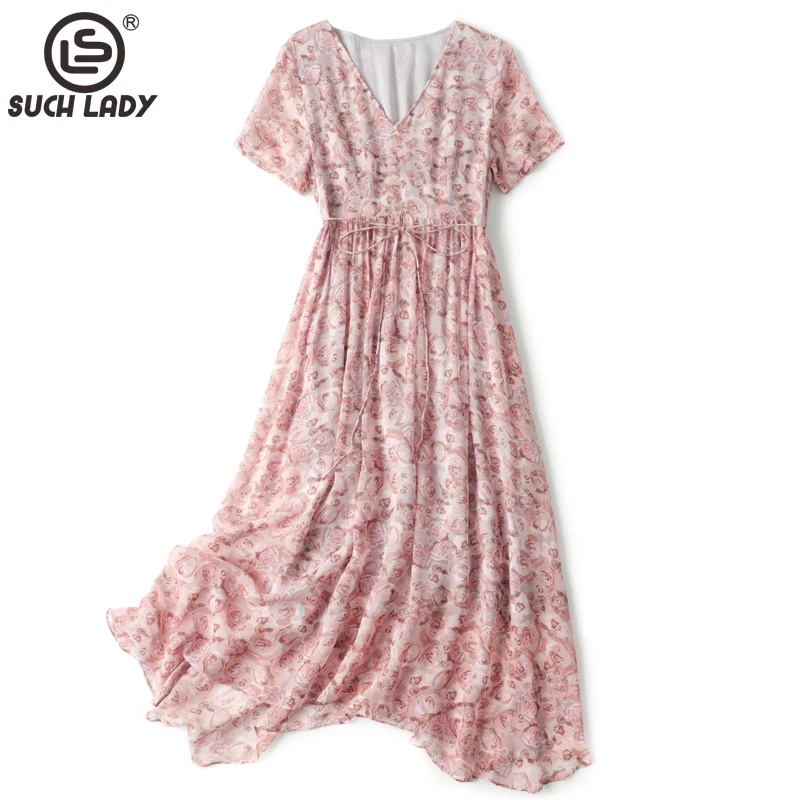 

100% Natural Silk Women's Dresses V Neck Short Sleeves Floral Printed Sash Belt Fashion Summer Dress Vestidos